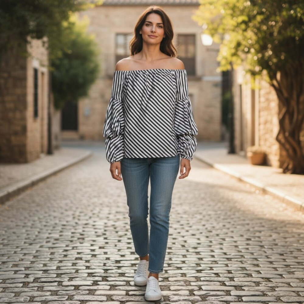 Petersyn Striped Off the Shoulder Blue /White Striped 3/4 Sleeves Blouse Med